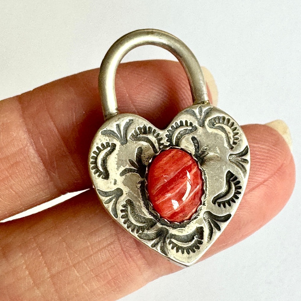 Navajo Lock Heart Pendant Red Spiny Signed Tahe Sterling Padlock Native Amer
